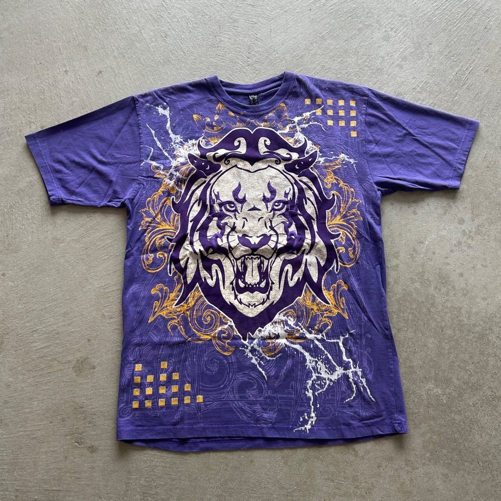 Vintage Y2K Russo Lion Shirt Size‎ XXL Purple All Over Print